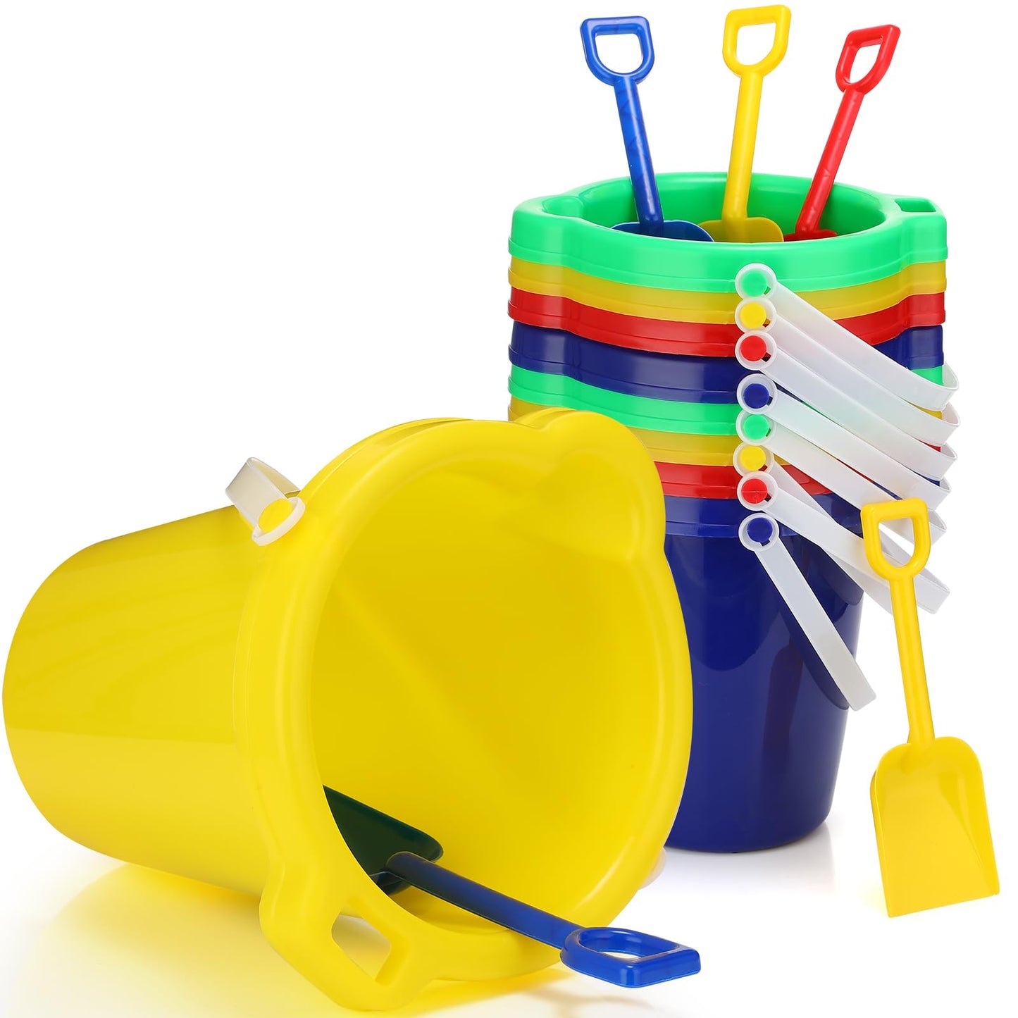 Didaey 7.5 Inch Beach Buckets and Shovels Plastic Sand Pails Castle Building Sand Shovel for Boys and Girls Summer Beach Toys Party Favors(12 Set)