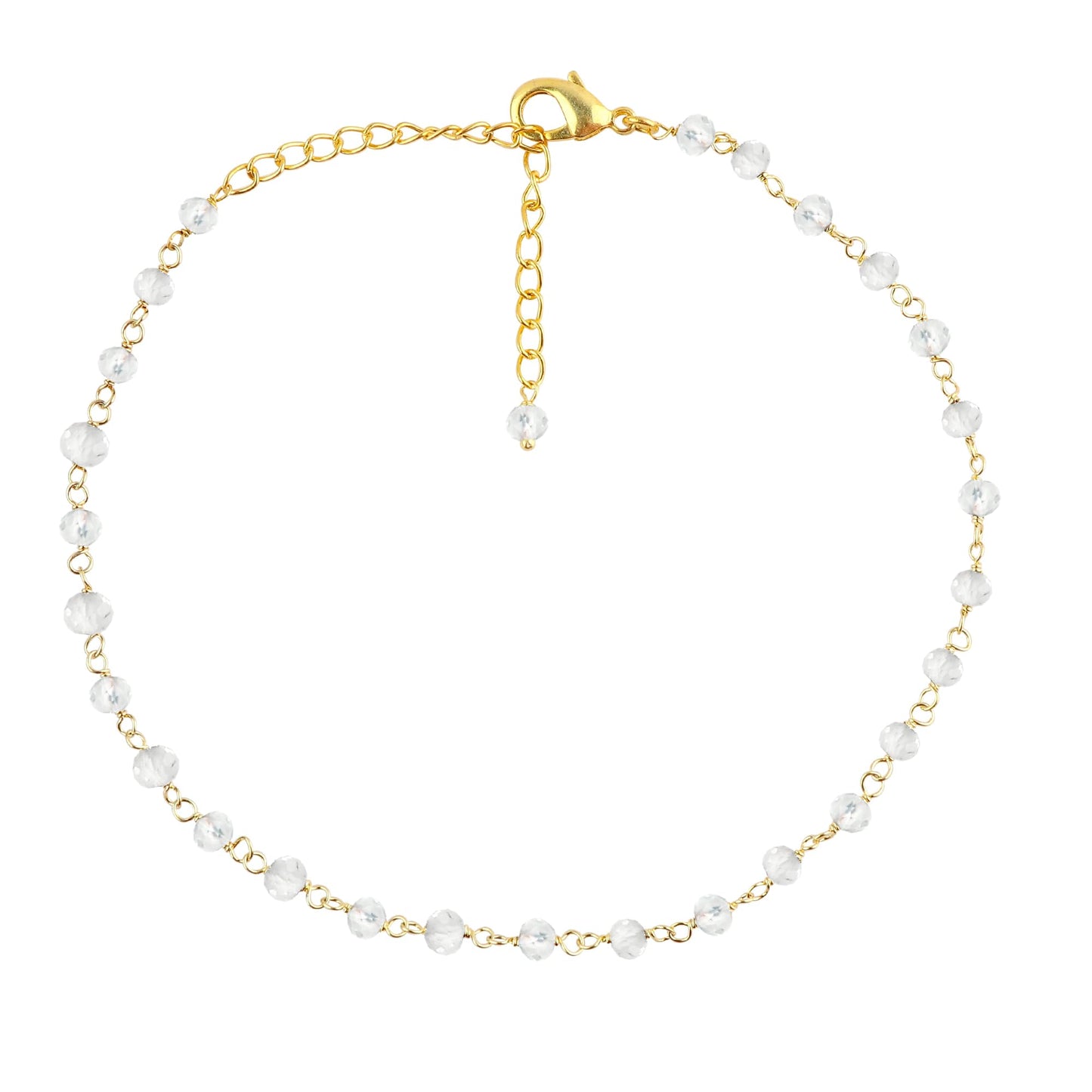 JOR Natural White Topaz Beaded Rosary Anklet, Handmade Craft, Anklet Beads Bracelet, Chakra Healing Anklet, Gemstone Women Jewelry, Dainty Gold Plated Anklet 9 inch + 2 inch (1pcs)
