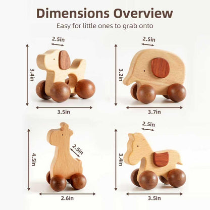DadCarved Baby Push Car Montessori Toys, 4PCS Wooden Animal Toy Vehicles for Toddlers, Natural Wood Infant Car Toys (Puppy, Elephant, Pony, Giraffe) for Gift and Decor
