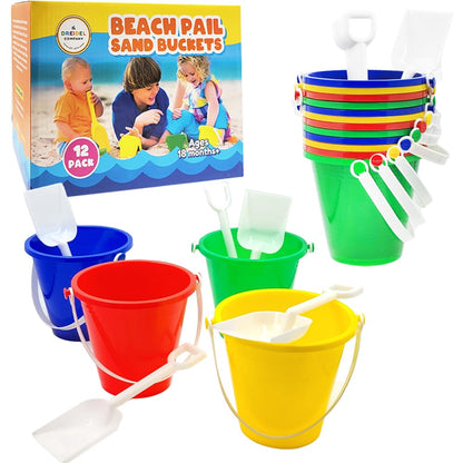 The Dreidel Company Beach Day Playsets (Pack of 12) 5.25" Sand Bucket Play Set Box Includes, Pail & Shovel Sand Toy for Boys and Girls Birthday Party Favor