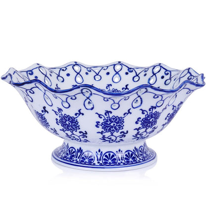 9.4in Blue and White Ceramic Fruit Bowl, Porcelain Decoration Bowl, Fruit Serving Plate,Storage Bowl,Decorative Pedestal Bowl for Table Countertop,Kitchen Island Centerpiece, Home Dining Décor