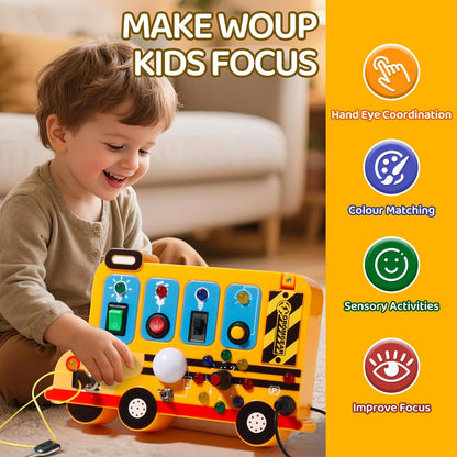 Montessori Board Sensory Toys for Children with LED Light switches, School Bus Shape，Baby fidgeting Board Travel Toys for More Than 18 Months, 18M+Boys and Girls Toddler Toys Gifts,Switch Toy
