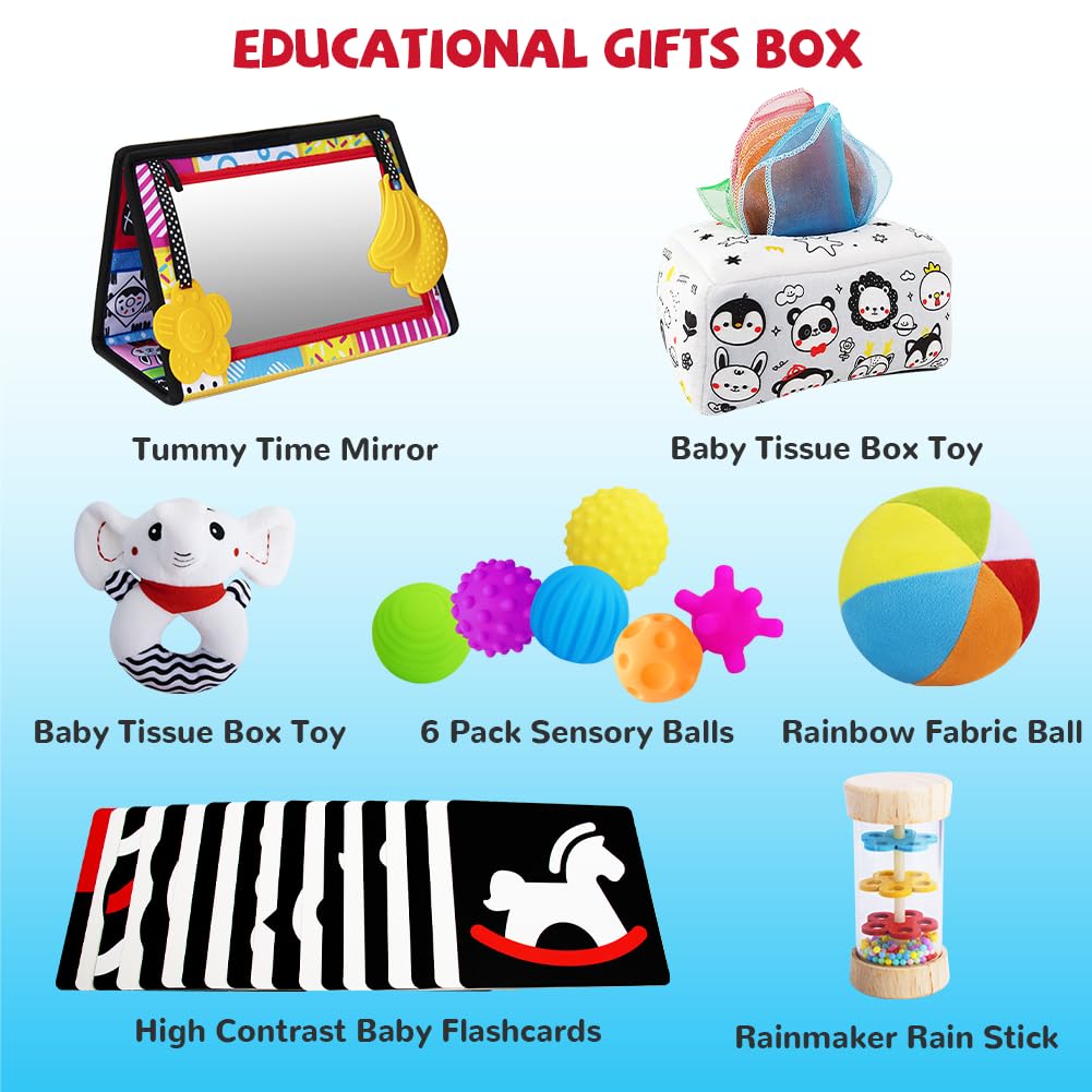 Montessori Toys for Babies 0-6 Months,7 in 1 Newborn Toys Baby Gifts Set Early Learning Toys with Black & White Baby Flashcards,Tummy Time Mirror,Baby Rattle,Sensory Balls,Tissue Box,Rain Stick