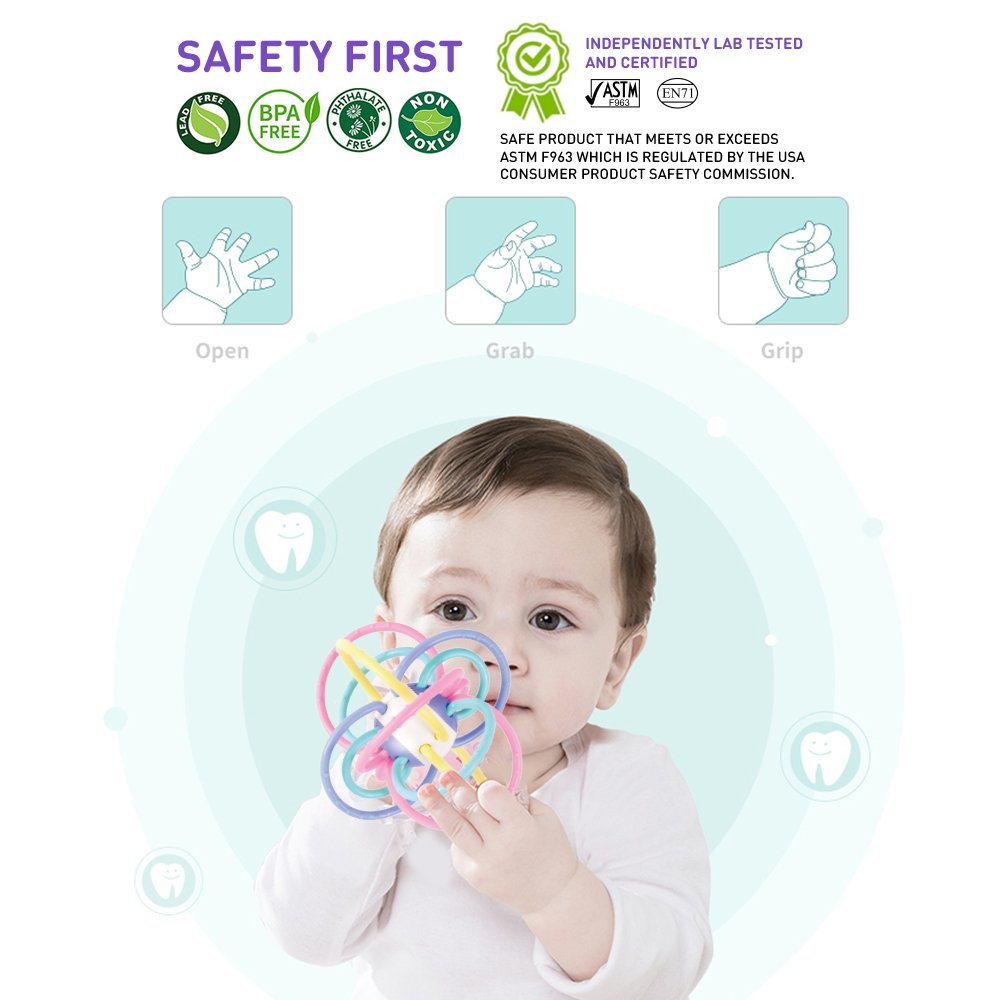 WEofferwhatYOUwant Baby Sensory Teether Ball Soft Rattle Rings for Teething Relief Chewing Grasping BPA Free Newborn Infant Toy 0-6 Months Montessori Soothing Portable Developmental Toy