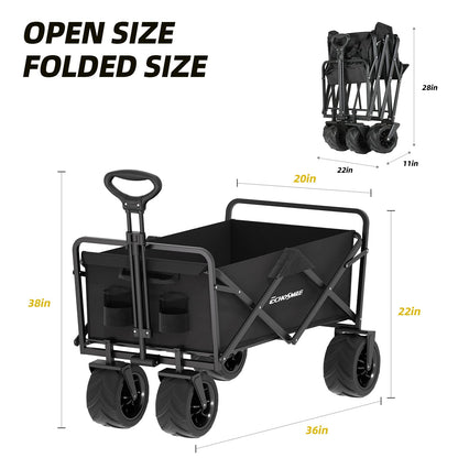 EchoSmile Heavy Duty 350 Lbs Capacity Collapsible Wagon, Outdoor Folding Camping Grocery Portable Utility Cart, Adjustable Rolling Carts, All Terrain Beach Wagon with Big Wheels (Black-Arrow)