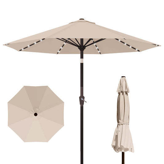 Kingdura 9FT Outdoor Patio Umbrella with Solar Lights, Market Table Umbrella with Push Button Tilt & Crank, 8 Sturdy Ribs, 32 LED Lights, UV Protection for Garden Lawn Deck Backyard Pool (Beige)