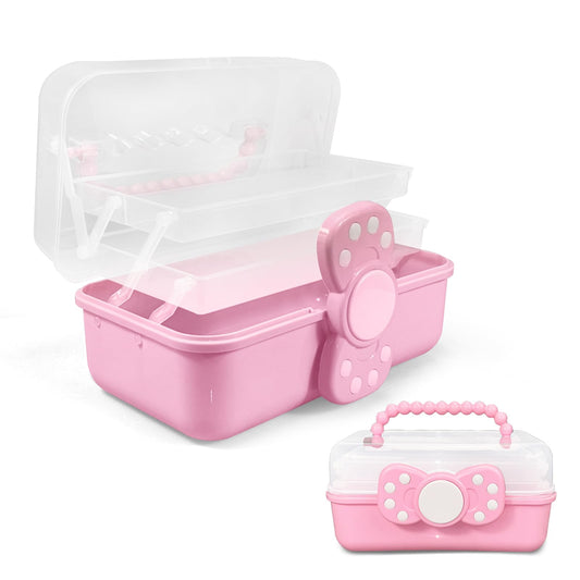 Rictine 10.6in 3-Layer Multipurpose Storage Box Art Craft Organizer Storage Box Kids Clear Plastic Portable Storage Box/Tool Box with Handle for Sewing,Cosmetic,Medicine,Nail,Hair Accessories (Pink)