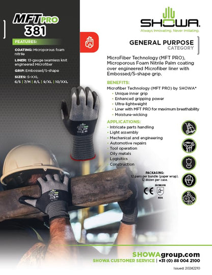 SHOWA MFT PRO 381 Foam Nitrile Palm Coated General Purpose Work Glove with Microfiber Liner, 13-Gauge, Large (12 Pair)