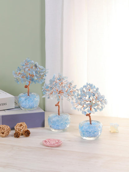 Top Plaza Healing Crystals Aquamarine Crystal Tree with Glass Base Handmade Natural Gemstone Life Tree Mini Bonsai Money Trees Good Luck Home Office Desk Decor