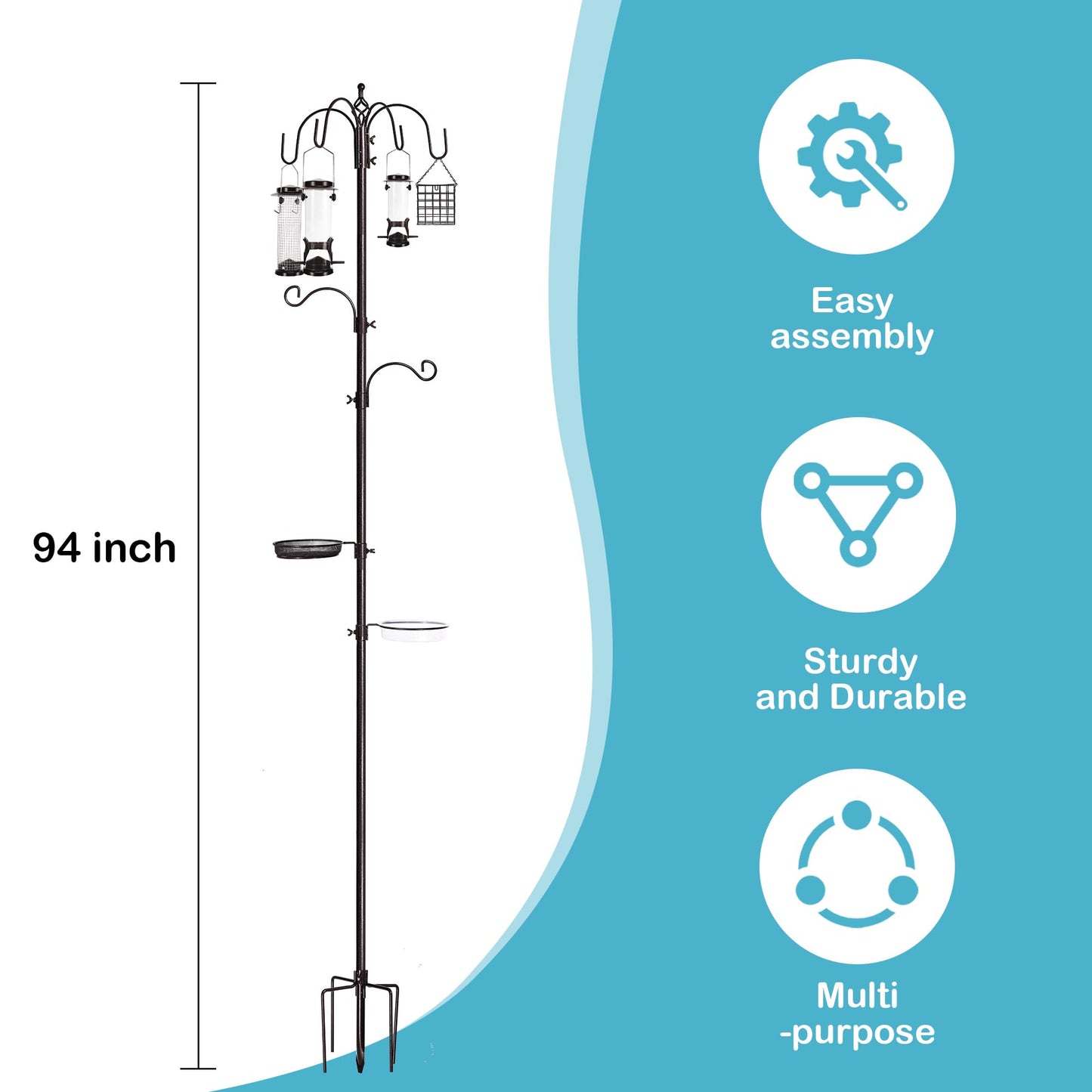 YINGYM 6-Hook Bird Feeding Station Kit, Wild Bird Feeder Stand Pole, Multi-Feeder Kit Stand with 4 Feeders, Bird Bath and Mesh Tray, 94 Inch