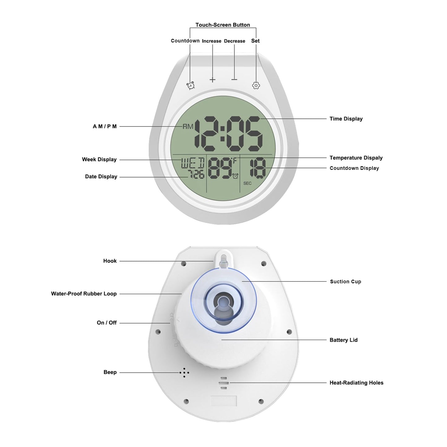 EternaHora Shower Clock Waterproof, Bathroom Clock with Temperature & Shower Timer, Small Digital Wall Clock Battery Operated with Suction Cup and Hanging Hole for Kitchen