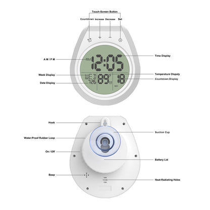 EternaHora Shower Clock Waterproof, Bathroom Clock with Temperature & Shower Timer, Small Digital Wall Clock Battery Operated with Suction Cup and Hanging Hole for Kitchen