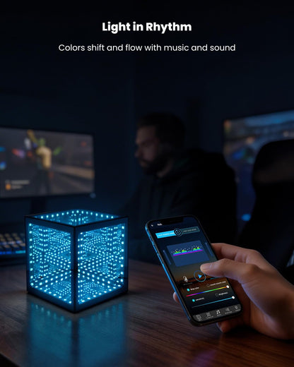 Nobiggie Infinity Mirror Cube Ambient Lighting, 3D Deep Space RGB LED Mood Light with Music Rhythm Sync, Futuristic Hypercube Decor for Home, Bedroom & Living Room (Space Black, Plus - 6 Inch)