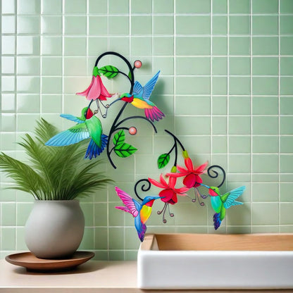 Meduofon 2 Pack Metal Hummingbird & Flower Outdoor Wall Art Decor, Creative Wall Decor for Patio, Fence, Deck, Garden, Home, Kitchen, Balcony