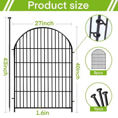 ADAVIN Garden Fence Animal Barrier with Gate 40 in(H)×17.5 Ft(L) 8 Panels,Rustproof Metal Wire Tall Fencing Border for Dogs Rabbits,Outdoor no dig pet Fences,Black Flower Edging for Yard,Arched