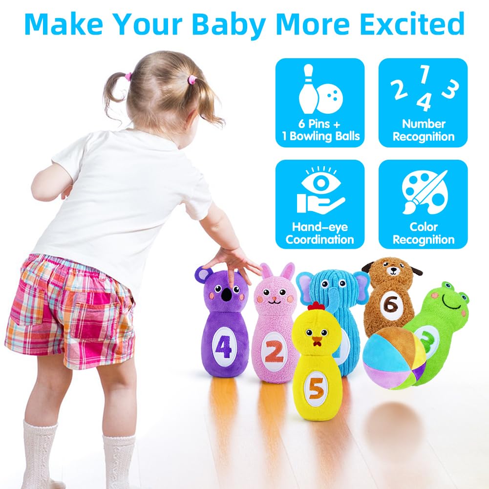 teytoy Baby Bowling Set for Toddlers 1-3, Bowling Games for Kids Indoor with 6 Pins and Storage Bag, Animal Themed Sensory Toys with Rattle & Number, Easter Christmas Birthday Gift