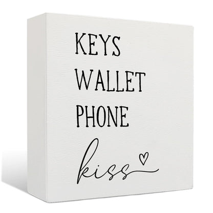 Nrleey Entryway Wooden Box Sign - Keys Wallet Phone Kiss Wood Box Sign Desk Decor, Entry Way Decor, Entry Way Table Home Decor, 5 X 5 Inches