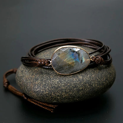 Plumiss Boho Labradorite Stone Rope 5 Wrap Bracelets for Women Men