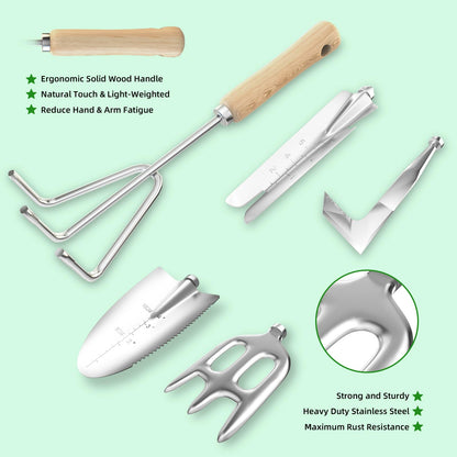 Garden Tools Set, 9-Piece Heavy Duty Gardening Tools with Clear Pocket Tote Bag, Stainless Steel Garden Hand Tools for Digging, Planting, Weeding and Pruning, Durable Gardening Kit
