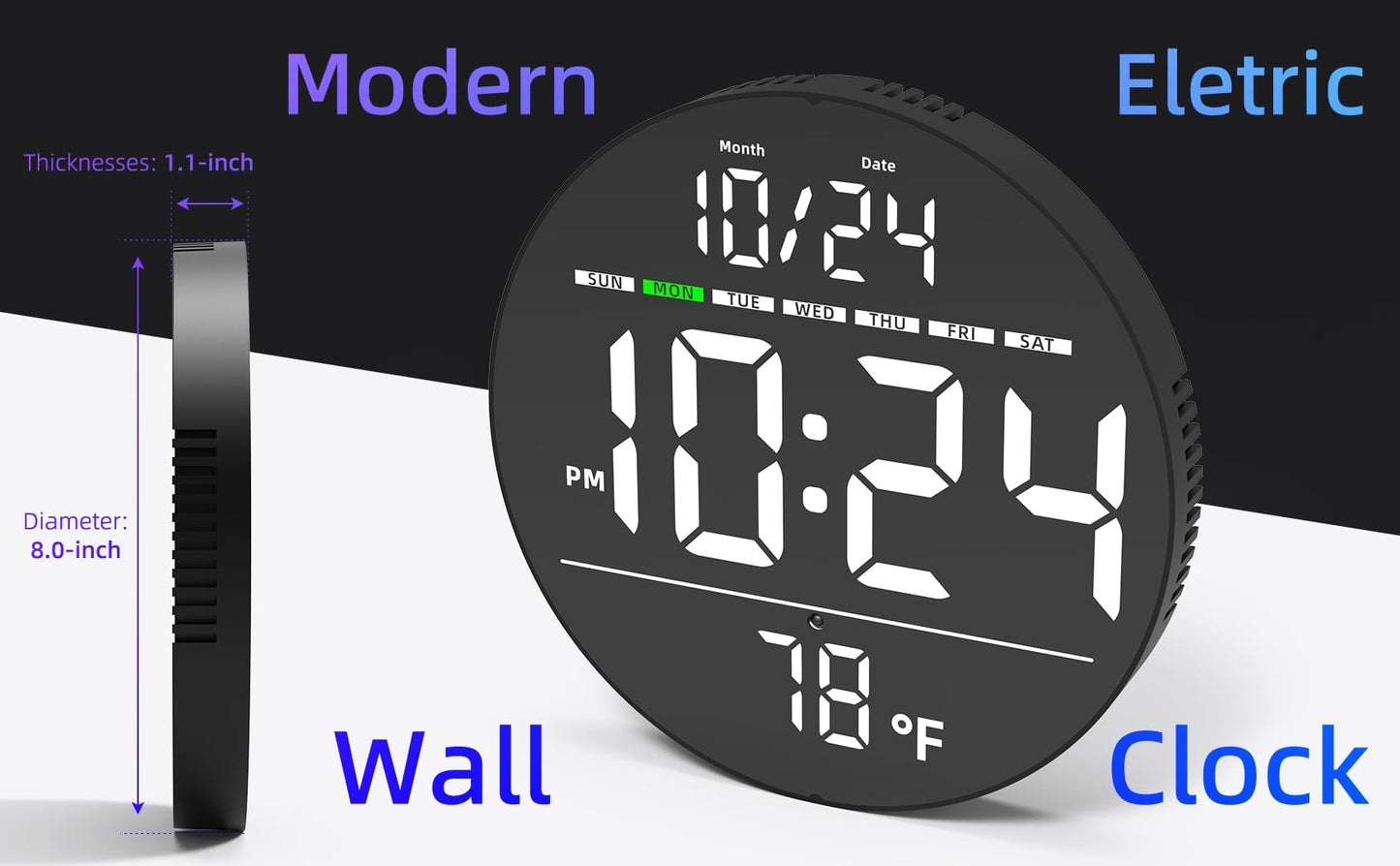 Digital Wall Clock with Large LED Display, Date, Temperature, Auto-Brightness | Small [PLUG-IN] Clock | Modern Electric Wall Clock for Bedroom, Classroom, Living Room, Home, Office, Farmhouse – White