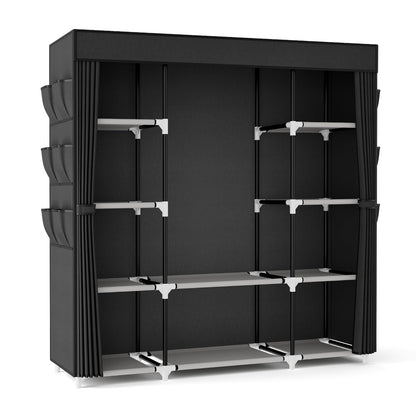 VTRIN Portable Closet Wardrobe for Hanging Clothes 57.3 Inch Large Capacity Clothes Rack with Cover, 10 Storage Organizer Shelves, 1 Hanging Rods and 6 Pockets, Free Standing Closet for Bedroom, Black