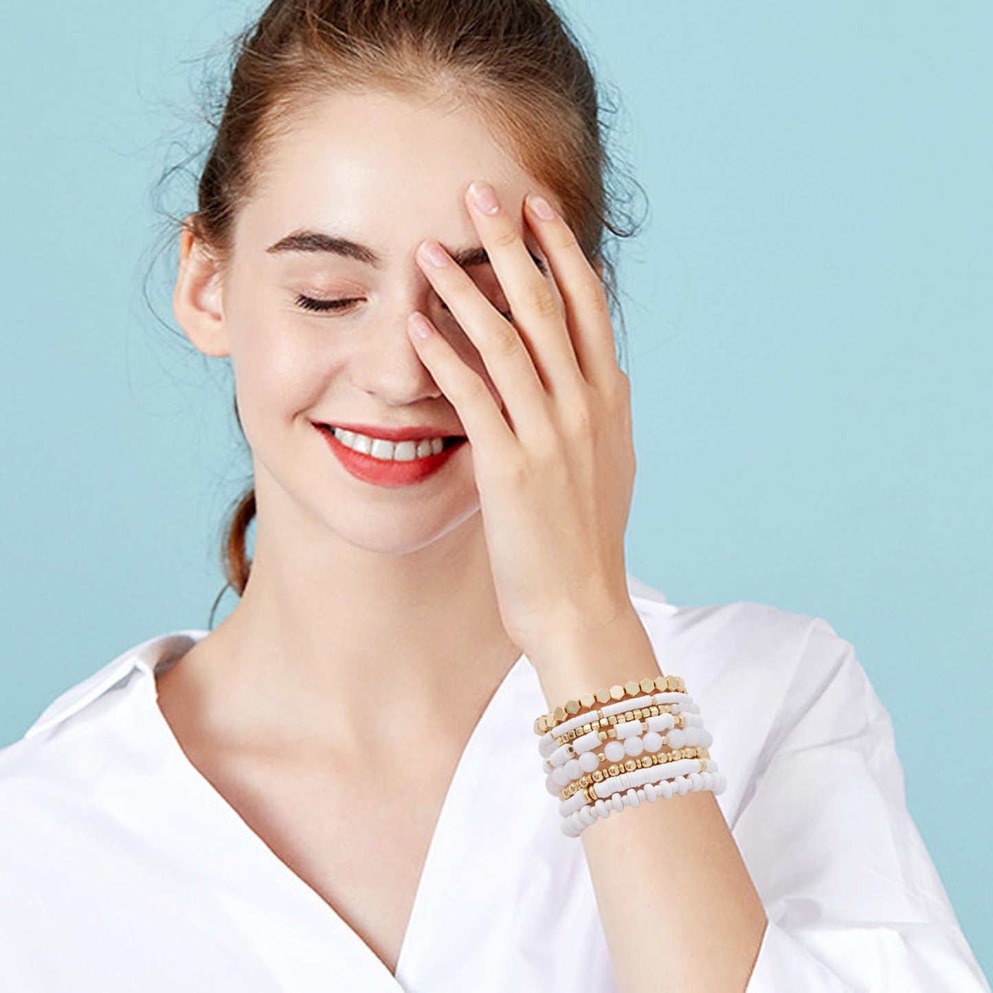 GOOJIDS White Surfer Heishi Clay Bead Bracelets for Women Bohemian Stackable Gold Plated Beaded Stretch Bracelets Elastic Layering Friendship White Bracelets Set Boho Jewelry