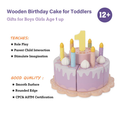 WoodenEdu Pretend Play Food for Toddlers 2-5,Wooden Birthday Fake Cake with Candles and Numbers,Tea Party Learning Kitchen Gift Toys for Boys Girls (Cream Cake)