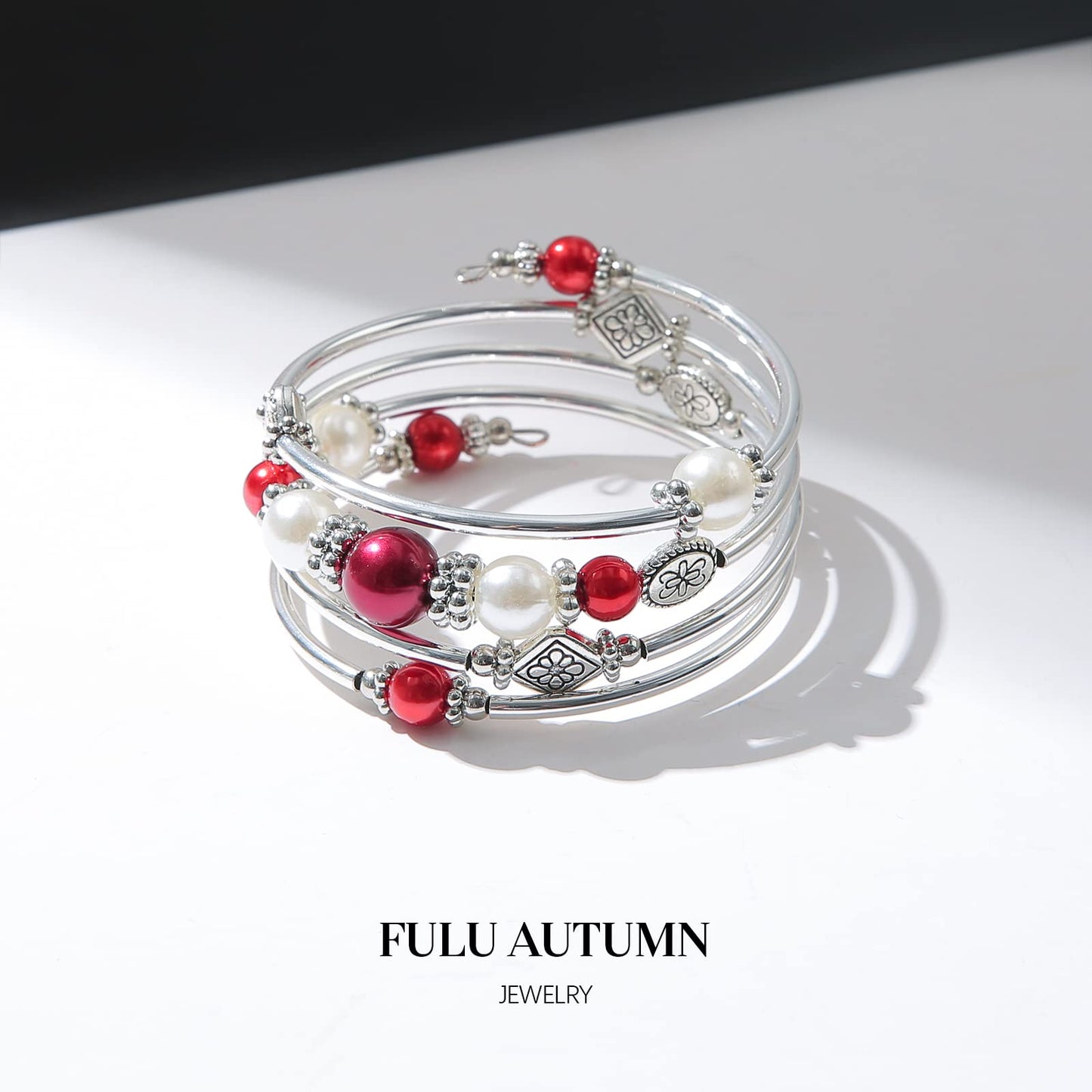 FULU AUTUMN Beaded Pearl Bangle Bracelets for Women Silver Wrap Bangles Bracelet Womens Costume Jewelry Fashion Gift(18-Red)