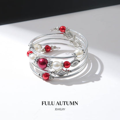 FULU AUTUMN Beaded Pearl Bangle Bracelets for Women Silver Wrap Bangles Bracelet Womens Costume Jewelry Fashion Gift(18-Red)