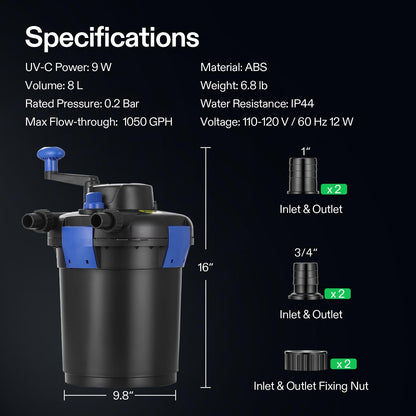 VIVOGROW Bio Pressure Pond Filter, with 13W UV-C Light, 1050 GPH Suitable for Koi Ponds up to 500 Gallons or Landscape Pools up to 1050 Gallons