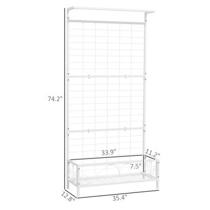 Outsunny Tall Plant Stand with Trellis and Hanging Bar, Metal Plant Holder Flower Stand for Vine Climbing Plants Flowers Indoor Outdoor Use, 36" x 12.8" x 74", White