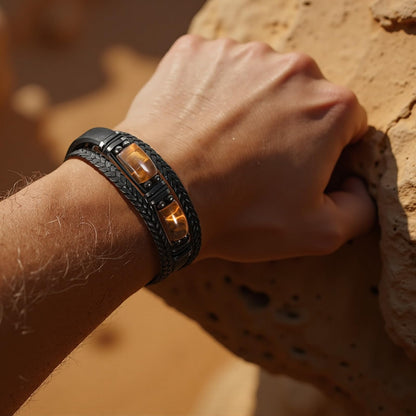 Enjoy Risingsun Tiger Eye Black Leather Bracelet Men Natural Tiger Eye Obsidian Gemstone Crystal Stone Jewelry Handmade Courage And Stress Relief Protection Bracelet