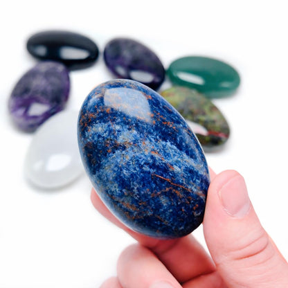 BEAUSIOO 2.4" Sodalite Palm Stone for Anxiety Relief, Healing Crystal for Meditation & Stress Relief, Polished Pocket Stone with Gift Box