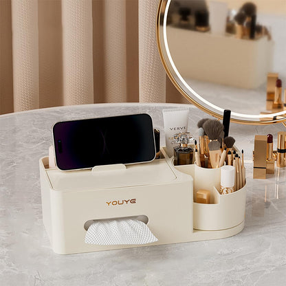 Aiabaleaft Multifunctional Organizer Rotating Brush Holder Makeup Organizer With Tissue Box for Study Table Living Room Dressers Home Office (White)