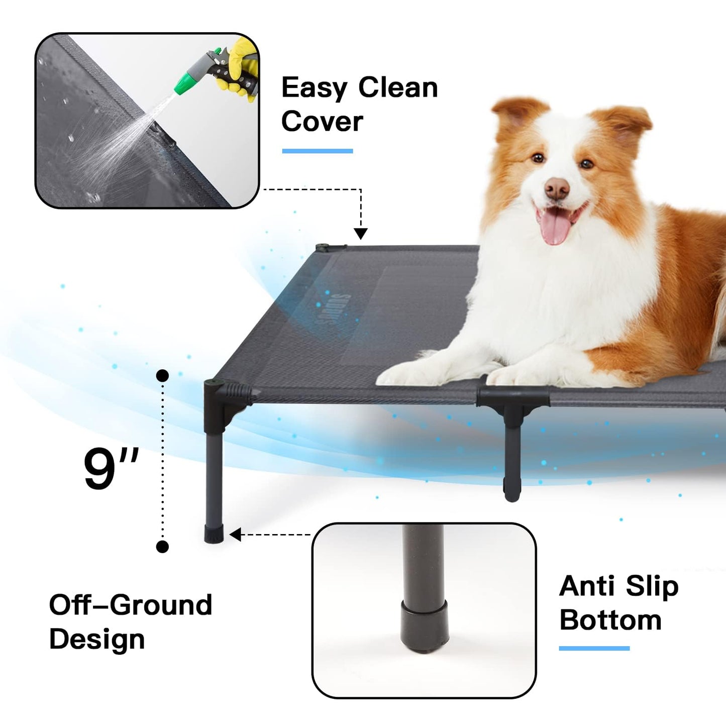 Suddus Elevated Dog Bed for Large Dogs 140lb, Breathable Cooling Raised Dog Cot with Dual Support Bars & Metal Frame, No-Slip Feet, Waterproof Pet Bed for Indoor/Outdoor, X-Large, 48 * 36 * 9in, Grey