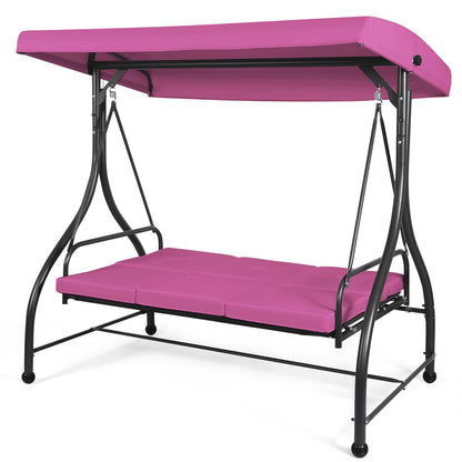 Tangkula 3 Seats Converting Patio Swing, Outdoor Porch Garden Canopy Swing with Comfortable Cushion Seats & Adjustable Tilt Canopy, Heavy Duty Hammock 3 Persons Porch Swing (Rose Red)