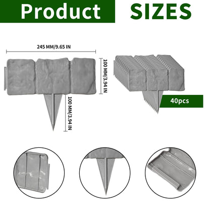 Garden Landscape Edging Borders No Dig,Lawn Edging for Landscaping,Interlocking Lawn Edging,Plastic Fencing Lawn Border,Imitation Stone Fence for DIY Outdoor Patio Balcony Yard Landscaping (40, Gray)