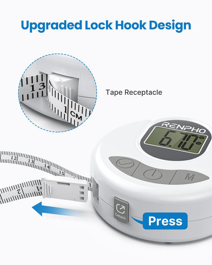 RENPHO Body Measuring Tape, Bluetooth Smart Tape Measure with Lock Hook & Retractable Function, Accurate Body Fat Measurement Device for Weight Loss, Muscle Gain, Fitness Bodybuilding, 60in /150cm