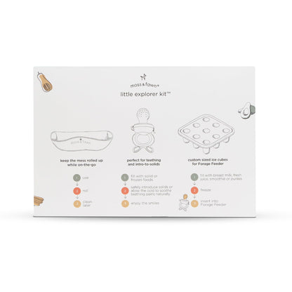 Moss and Fawn Little Explorer Kit - Silicone Frozen Breast Milk Popsicle Kit with Forage Feeder, Teething Popsicle Ice Cube Tray, & Gather & Roll Baby Feeding Bib - BPA, PVC, & Lead-Free - Foliage