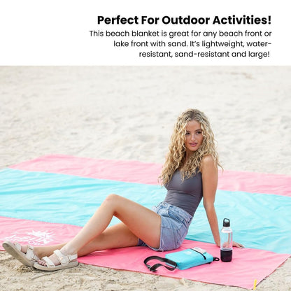 Beach Blanket Sandproof Waterproof, Extra Large Beach Mat, Oversized & Compact Sand Free, Quick Dry Beach Essentials for Vacation, Cruise, Picnic & Camping with Stakes & Extra Zippered Pockets