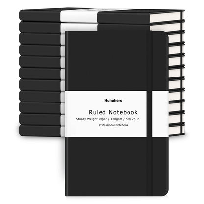 Huhuhero Notebooks Journal, Ruled Notebook, Premium Thick Paper Lined Journal, Black Hardcover Notebook for Office Home School Business Writing Note Taking Journaling, 5"×8.25" (12, Black)
