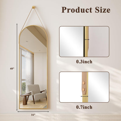 Easly 16''x48'' Arched Full Length Mirror, Hanging Mirror for Wall with Leather Strap, High-Definition Aluminum Alloy Frame for Bathroom Bedroom Entryway Decor, Gold
