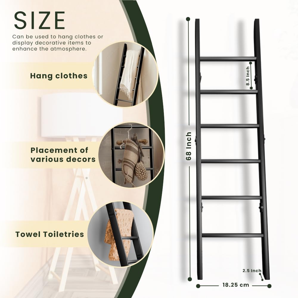 Decorative Wooden Blanket Ladder for the Living Room and Bedroom, 5ft 8 inch, Pine Wood Quilt Ladder, 6-Tier Wall Leaning Blanket Rack Stand, Farmhouse blanket ladder for Home Décor N Display. (Black)