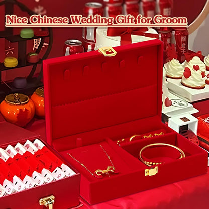 BAIWOVIS Chinese Wedding Jewelry Box for Groom, Double Happiness and Loong Phoenix Design, Chinese Engagement Red Velvet Presentation and Storage Case Gift Box for Gold Jewelry