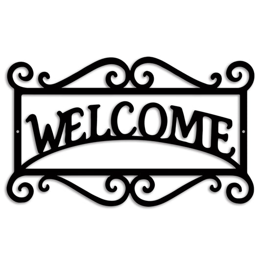 Metal Welcome hanging Sign for Front Door Welcome Wall Decor Door Signs Perfect for Indoor Home Outdoor Porch Garden Black- Square with Scrolls