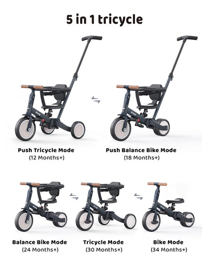 newyoo TR008 Tricycle for Toddlers 1-3, 5 in 1 Baby Balance Bike, Christmas and Birthday Gift for Boy and Girl, Toddler Bike with Parent Push Handle & Safety Guard, Dark Gray, TR008