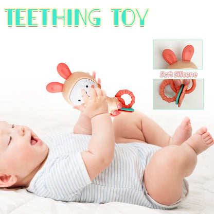 WHNKFB Soft Pink Bunny Baby Musical Rattle Toy - Light-Up Teether & Sensory Chew, BPA-Free Soft Rubber, Baby Shower & 1st Birthday Gift for 6-18 Months 1+ Year Old