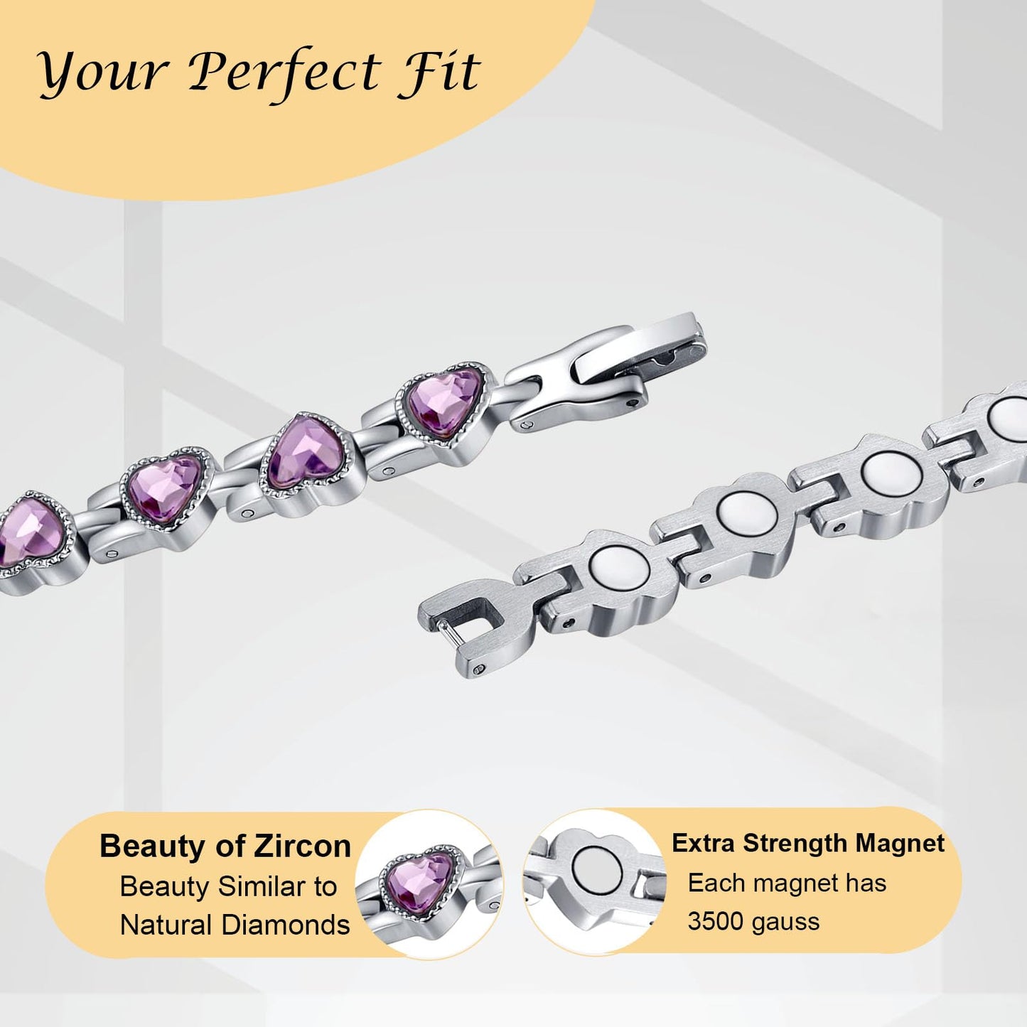 UtenoTureH Magnetic Bracelets for Women, Stainless Steel Bracelet with Heart-Shaped Zircon, Magnetic Jewelry Present (Purple)