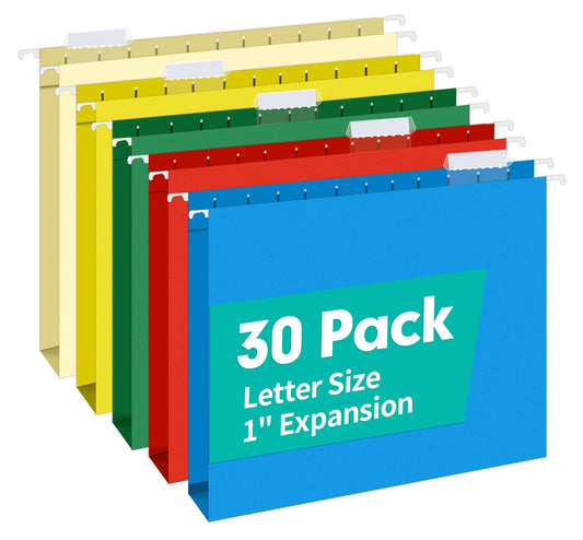 HERKKA Extra Capacity Hanging File Folders, 30 Pack Reinforced Letter Size Hanging Folders with Heavy Duty 1 Inch Expansion, Designed for Bulky Files, Medical Charts, Assorted Colors
