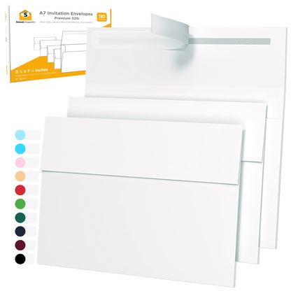 5x7 Envelopes for Invitations - 110 White Envelopes for 5x7 Cards - A7 - (5 ¼ x 7 ¼ inches) - Perfect for Weddings, Graduation, Baby Shower - 120 GSM - Peel, Press & Self Seal - Square Flap